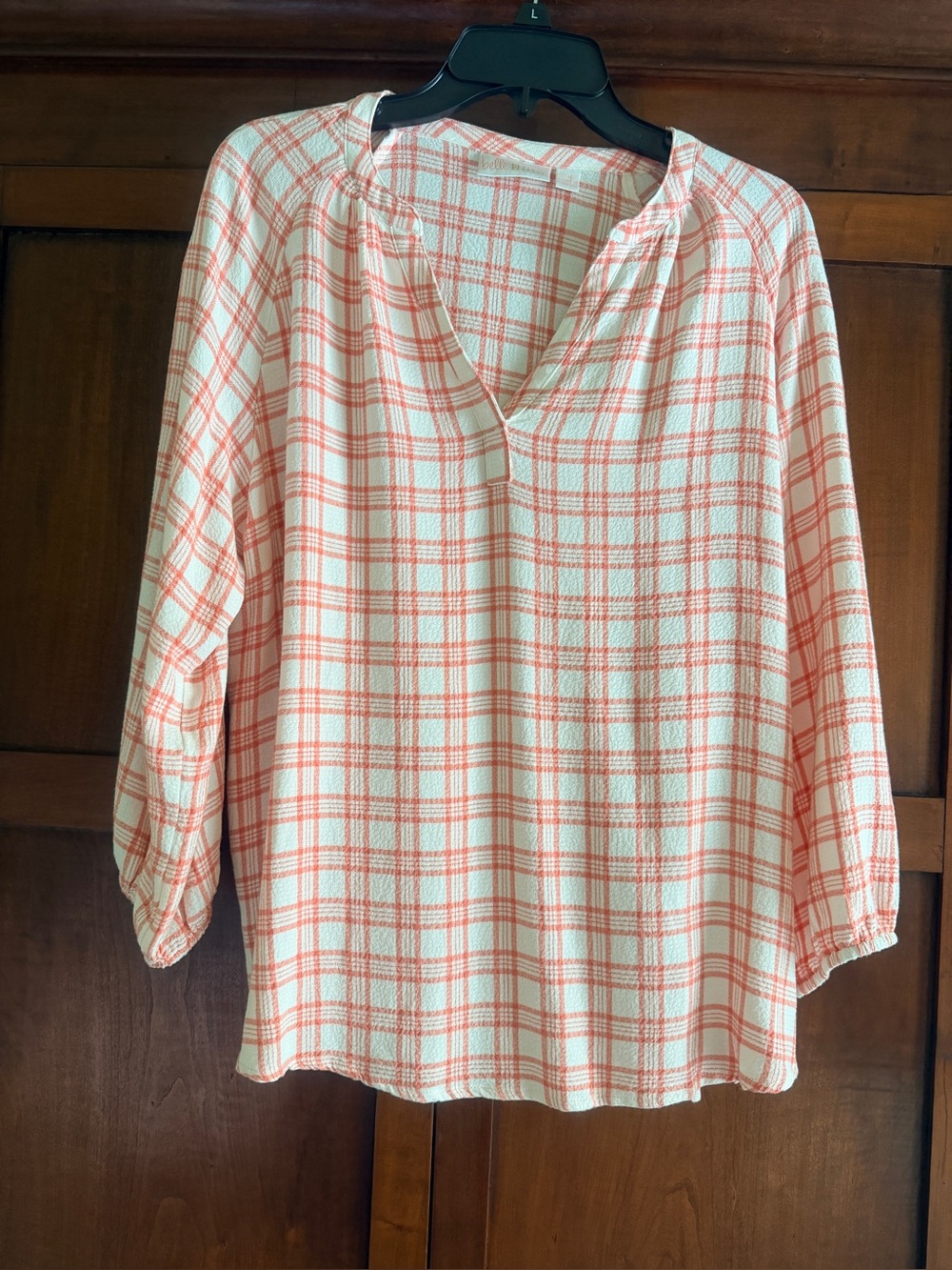 Belle by Kim Gravel QVC M Mini Plaid Weekend Top Peasant Style Elastic A891854